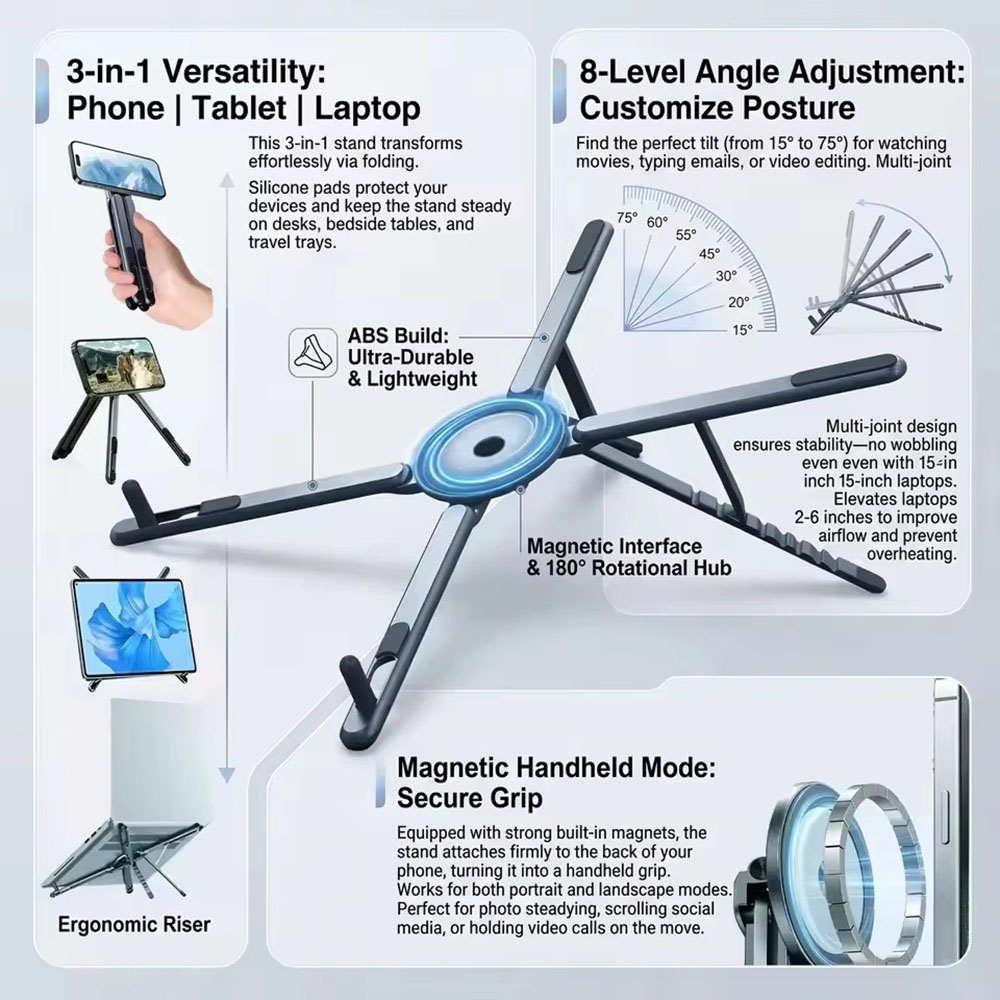 Essential Tablet Accessories - Tragbarer Magnetischer Handyhalter & Selfie-Stick 3-in-1